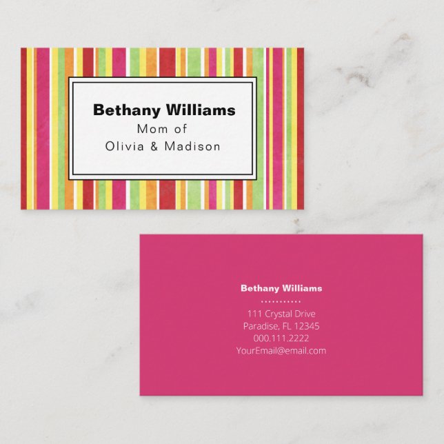 Mama Einfache Rosa Green Stripe Calling Card Visitenkarte (Vorne/Hinten)