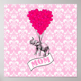 Mama, Elefant und Herzballons Poster