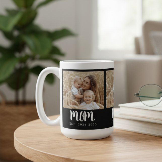 Mama erstellt Skript Black 3 Foto Kaffeetasse (modern trendy 3 photo mom established dates mug for unique heartfelt mother's day christmas gifts)