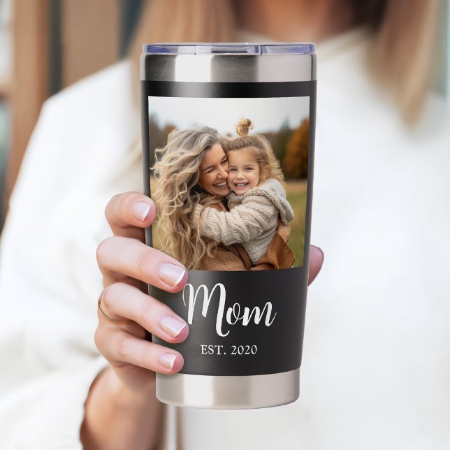 Mama Established Schrift Schwarz Foto Thermobecher (Established mom with customizable photo, 'Mom' script text and the year she first became a mom)