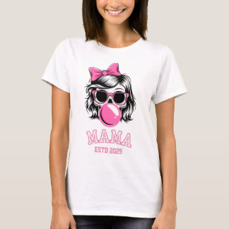 Mama Estd 2025 Skull mit rosa Bow T-Shirt