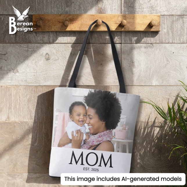 Mama etablierte Classic Caps Weiß Foto (Stylish MOM ESTABLISHED tote bag with custom photo and text. Ideal Mother's Day gift for moms.)