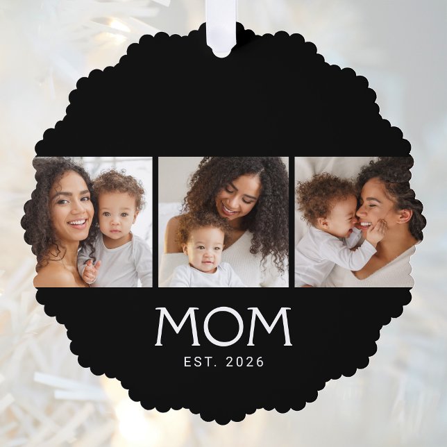 Mama etablierte moderne Typografie Schwarz 3 Foto Ornament Karte (Von Creator hochgeladen)