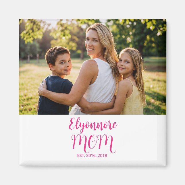 Mama etablierte Pink Script Name Foto Magnet (Vorne)