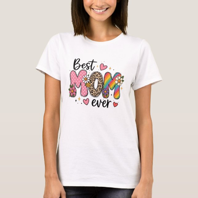 Mama Ever Floral Leopard Regenbogen Design T-Shirt (Vorderseite)