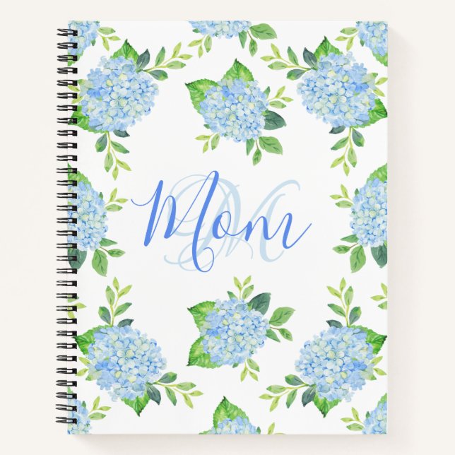 Mama Floral Blue Hydrangea Wasserfarbe Moderne Notizbuch (Vorderseite)