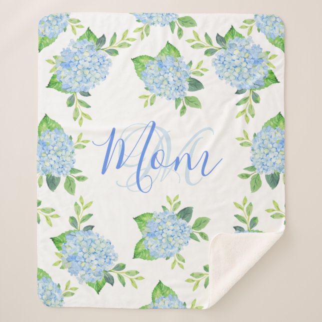Mama Floral Blue Hydrangea Wasserfarbe Moderne Sherpadecke (Vorderseite)