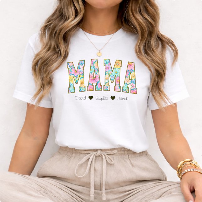 Mama Floral mit Kindernamen Muttertag T-Shirt (Von Creator hochgeladen)