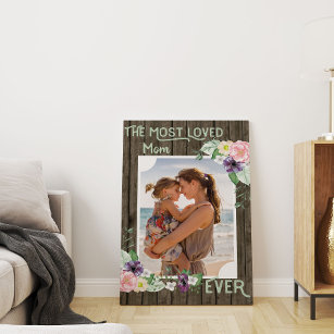 Mama Foto Handgepäcktes rustikales Holz und Blüten Leinwanddruck
