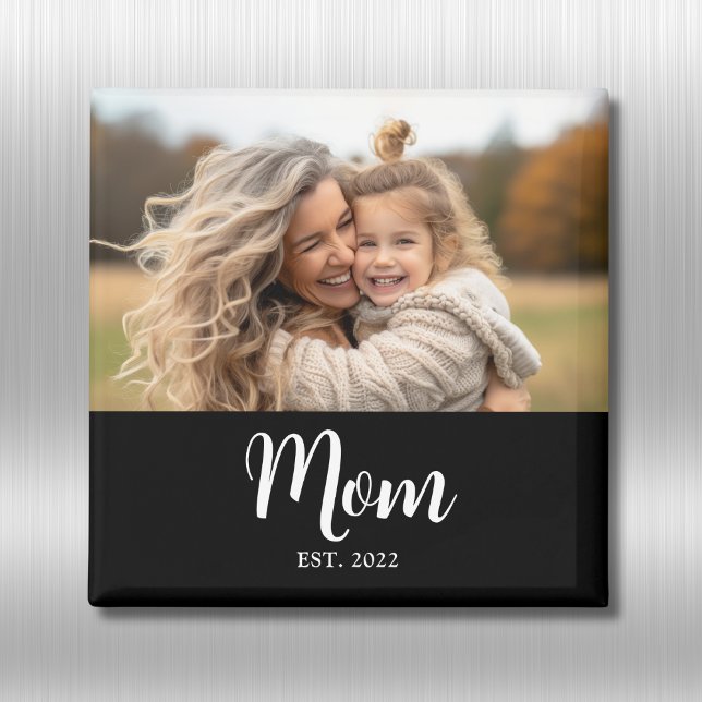Mama Foto-Skript zum Muttertag Geschenk Magnet (Mom established white script text with personalized photo, name and year of becoming a mom)