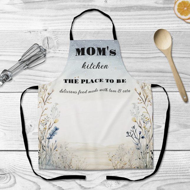 Mama für einfache Wildblumen Schürze (Apron featuring wildflowers in tan and dusty blue. Mom's birthday or Mother's Day)