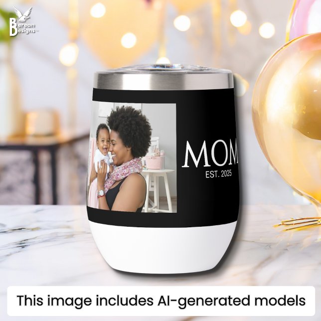 Mama Gegründet Kapseln Schwarz Foto (Mom Established wine tumbler with customizable photo and text. Ideal new mom gift Matching available)