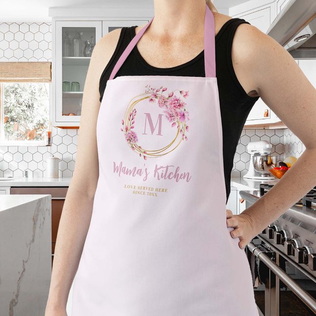Mama Geschenk Dusty Pink Wildblumen Gold Monogramm Schürze (mom apron personalized monogram christmas gift dusty pink wildflowers gold circles frame pretty )
