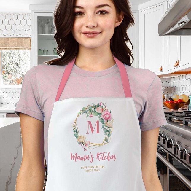Mama Geschenk Rosa Rosa Rose Blume Kleider Monogra Schürze (mom apron roses wreath monogram personalized christmas gift gold pink blush geometric pretty cute)