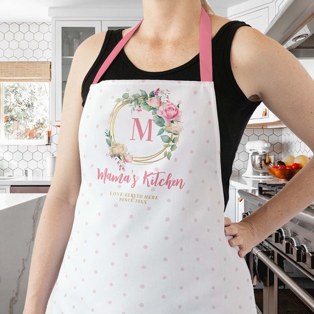 Mama Geschenk Rosa Schwarze Rose Polka Dots Gold M Schürze (mom apron personalized christmas gift pink blush roses floral gold geometric frame monogram polka)