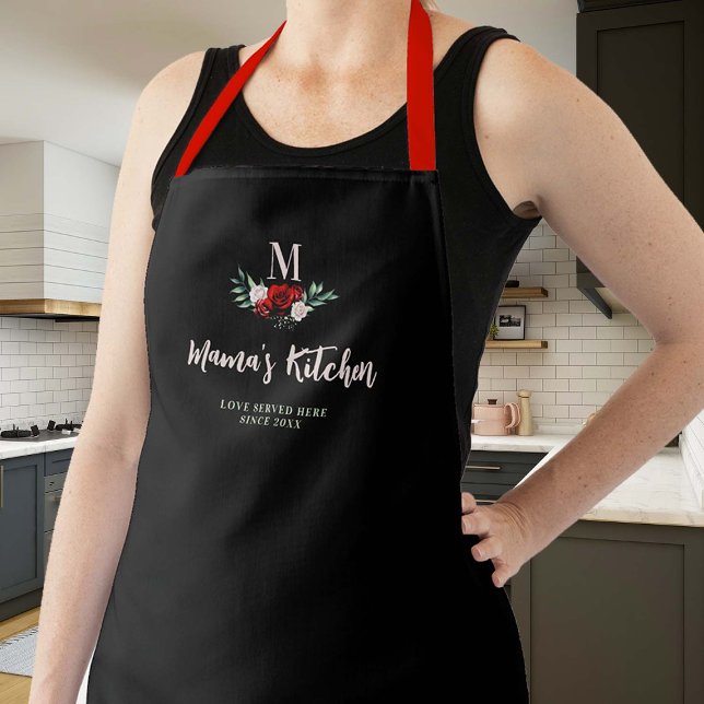 Mama Geschenk Schwarze Rote Rosen Blumenmuster Mon Schürze (mom apron elegant personalized christmas gift monogram mamas kitchen black red roses pretty cute)