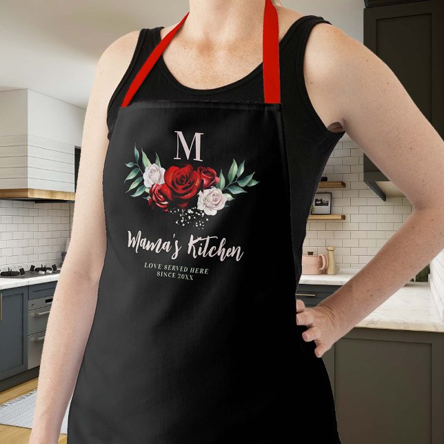 Mama Geschenk Schwarze Rote Rosen Wreath Elegante  Schürze (mom apron personalized christmas gift monogram black red white green roses flowers elegant pretty)