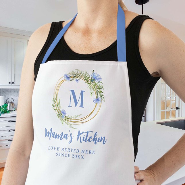Mama Gift Blue Cornflores Gold Wreath Monogram Schürze (personalized mom apron blue cornflowers wreath gold geometric custom monogram christmas gift cute)