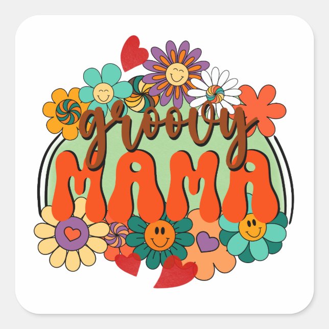 Mama Groovy Floral, Blume Retro Mutterschaft Quadratischer Aufkleber (Vorderseite)