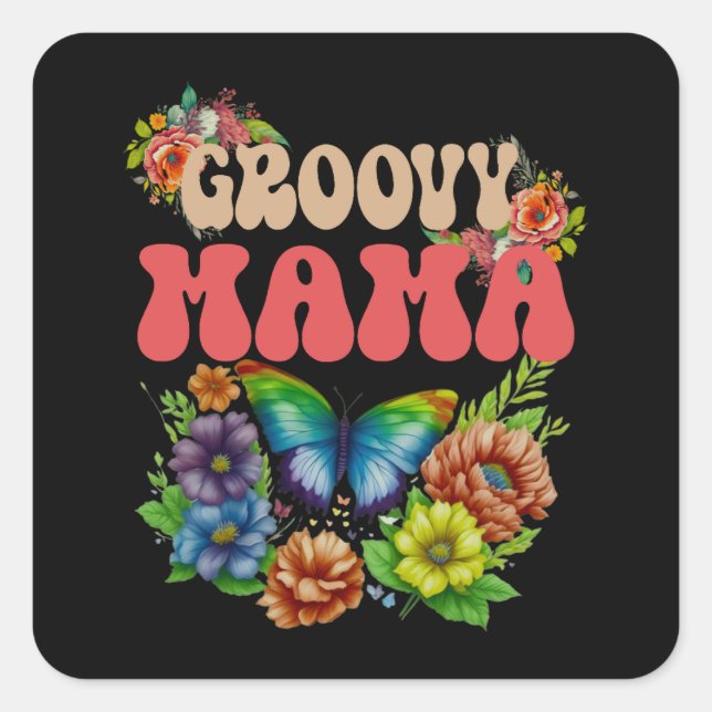 Mama Groovy Floral, Retro Floral Mütter Day Quadratischer Aufkleber (Vorderseite)