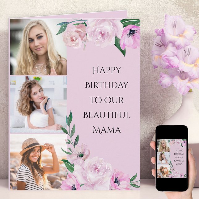 Mama Happy Birthday 3 Foto Pink Floral Karte (Von Creator hochgeladen)