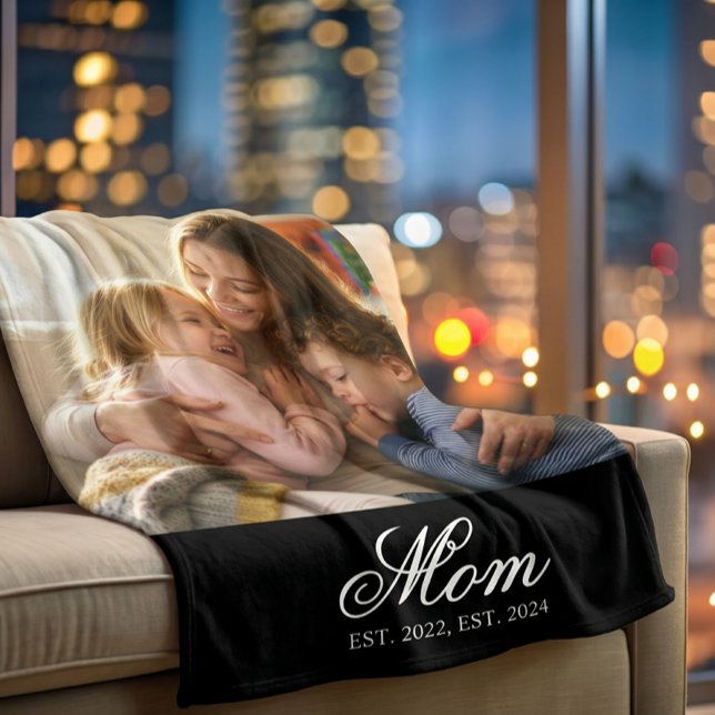 Mama hat elegantes Skriptfoto erstellt Fleecedecke (Mom Established White Elegant Script Photo Fleece Blanket)