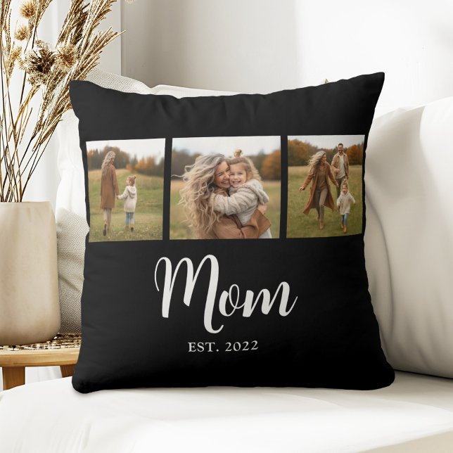 Mama hat modernes einfaches Skript Schwarz 3 Foto Kissen (Established Mom 3 photo white script text cushion)