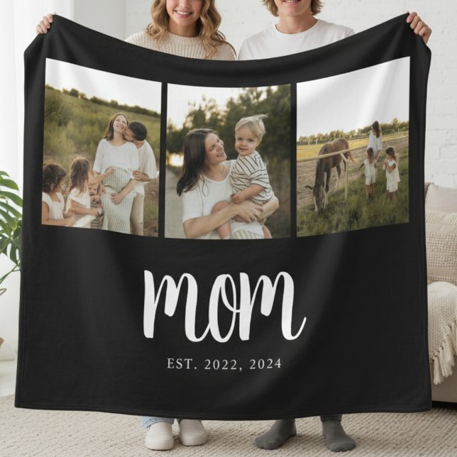 Mama hat modernes fettes Skript Schwarz 3 Foto ein Fleecedecke (modern 3 photo black and white script mom established blanket gift for mom mother's day christmas)
