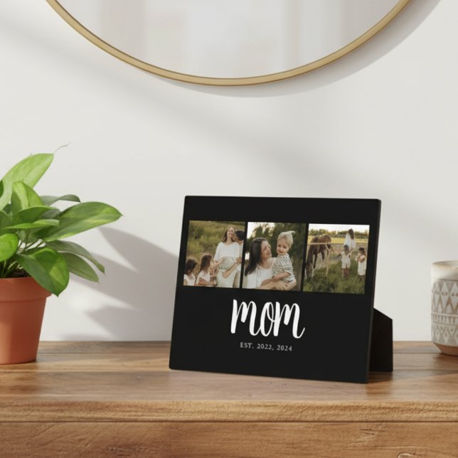 Mama hat modernes fettes Skript Schwarz 3 Foto ein Fotoplatte (modern 3 photo black and white script mom established sign gift idea for mom mothers day christmas )