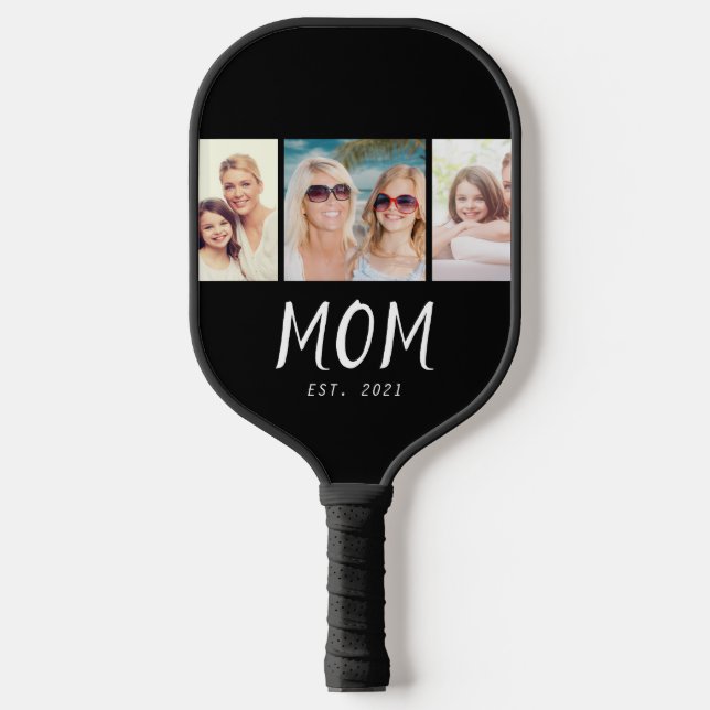 Mama hat modernes fettes Skript Schwarz 3 Foto Pickleball Schläger (Vorderseite)