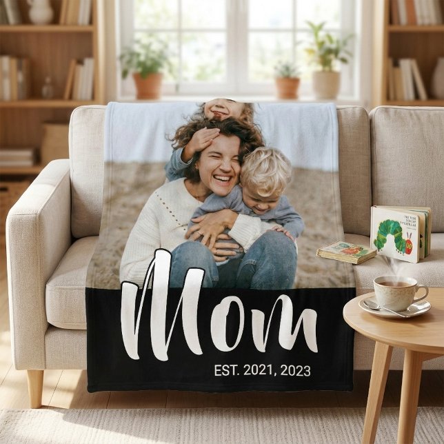 Mama hat modernes schwarzes Skript-Foto erstellt Fleecedecke (Mom Established Black Modern Script Photo Fleece Blanket)