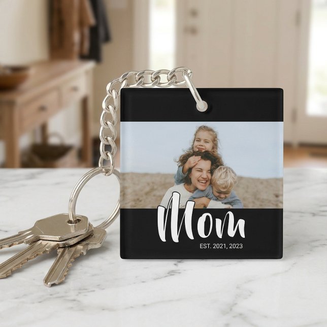 Mama hat modernes Skript-Foto eingerichtet Schlüsselanhänger (Mom Established Modern Script Photo Keychain)