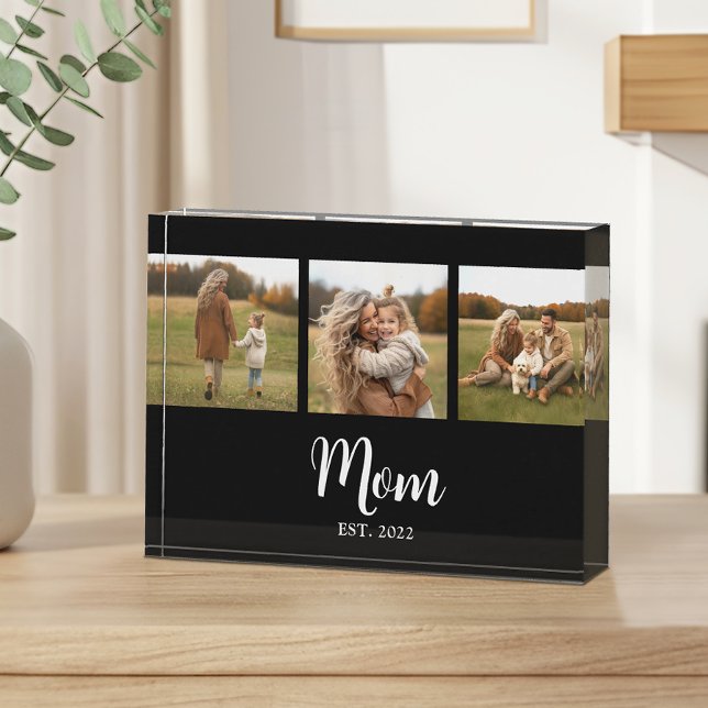 Mama hat modernes Skript Schwarz 3 eingerichtet Fotoblock (Mom Est. with 3 personalizable photos and text )