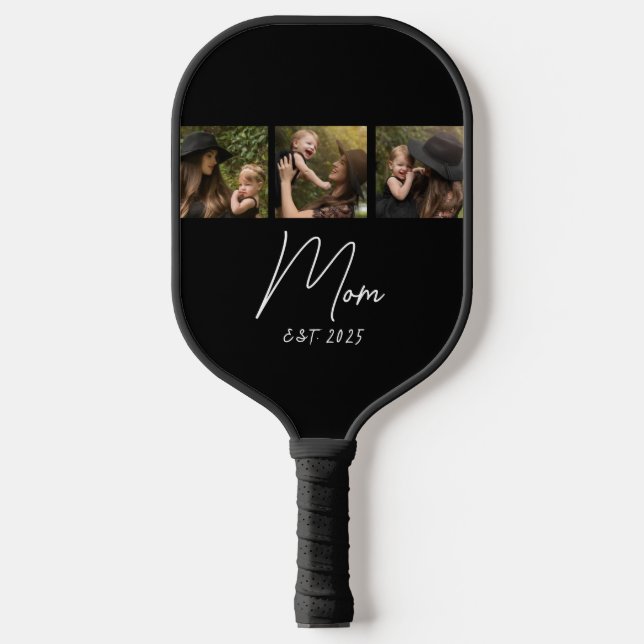 Mama hat modernes Skript Schwarz 3 Foto eingericht Pickleball Schläger (Vorderseite)