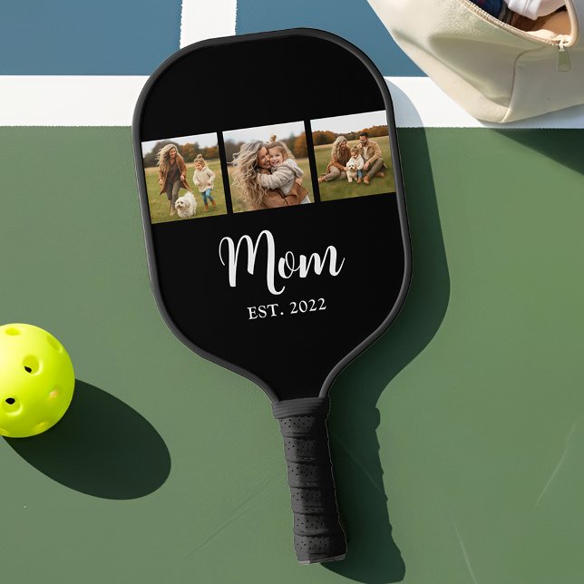 Mama hat modernes Skripttext 3 Foto Schwarz einger Pickleball Schläger (Mom established 3 photo design with elegant white script)