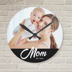 Mama hat modernes weißes Skript-Foto eingerichtet Runde Wanduhr