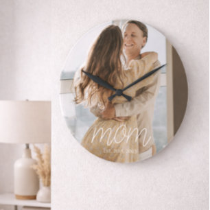 Mama hat modernes weißes Skript-Foto-Rund erstellt Große Wanduhr