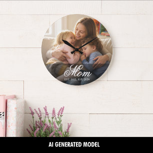 Mama hat modernes weißes Skriptfoto eingerichtet Große Wanduhr