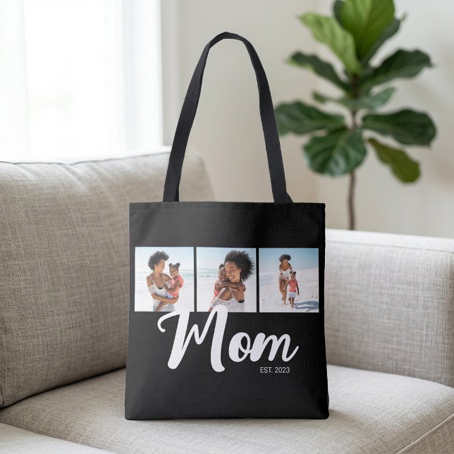 Mama hat Skript Schwarz 3 Foto (Mom Established Script Black 3 Photo Tote Bag)
