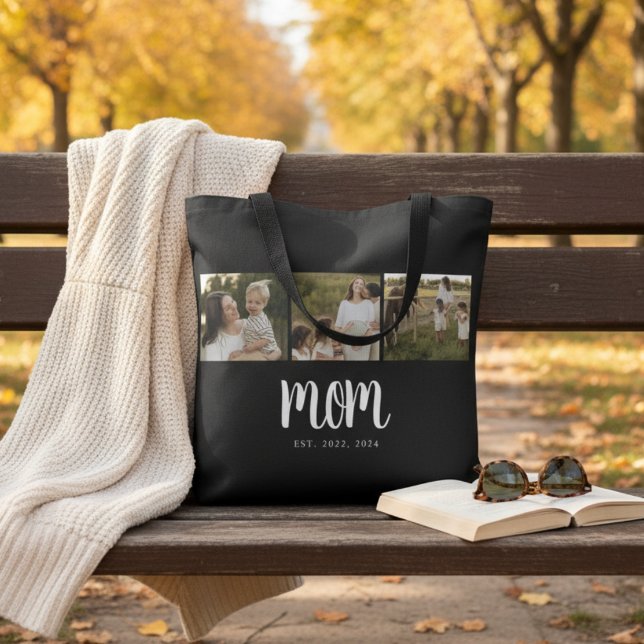 Mama hat Skript Schwarz 3 Foto (elegant minimal 3 photo mom established tote bag with dates and space for 2, 3 or more children gift)