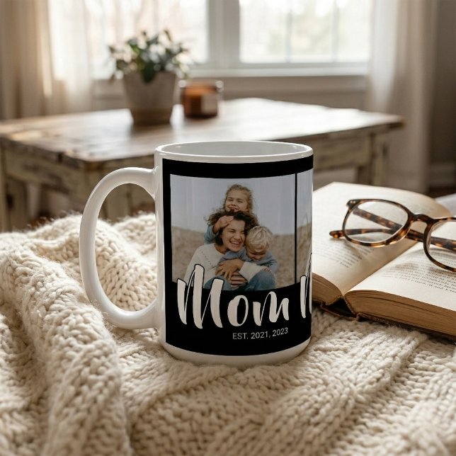 Mama hat Skript Schwarz 3 Foto eingerichtet Kaffeetasse (Mom Established Script Black 3 Photo Coffee Mug)