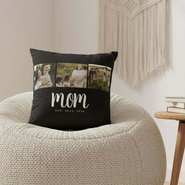 Mama hat Skript Schwarz 3 Foto Kissen (modern 3 photo black and white script mom established pillow gift for mom mother's day christmas)