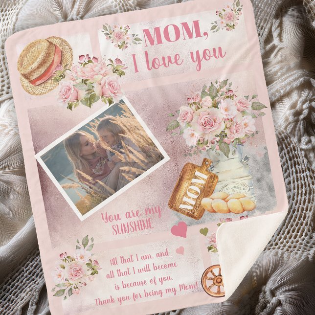 Mama I Liebe Sie Foto Rosa Blume | Skripttext Sherpadecke (Soft and Beautiful "Mom, I Love You" Photo Pink Floral Script Text Sherpa Blanket)