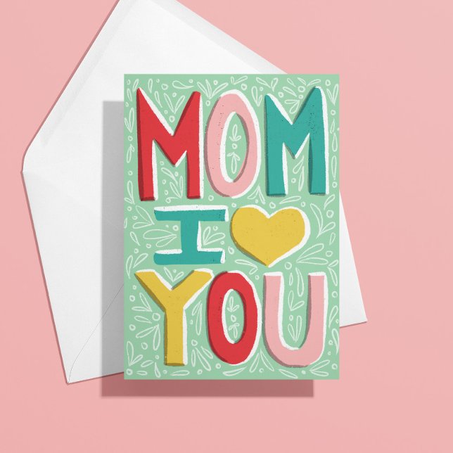Mama I Liebe Sie Muttertagskarte Karte (hand-lettered mom I love you illustrated pretty cute mothers day card with pink, red, aqua)