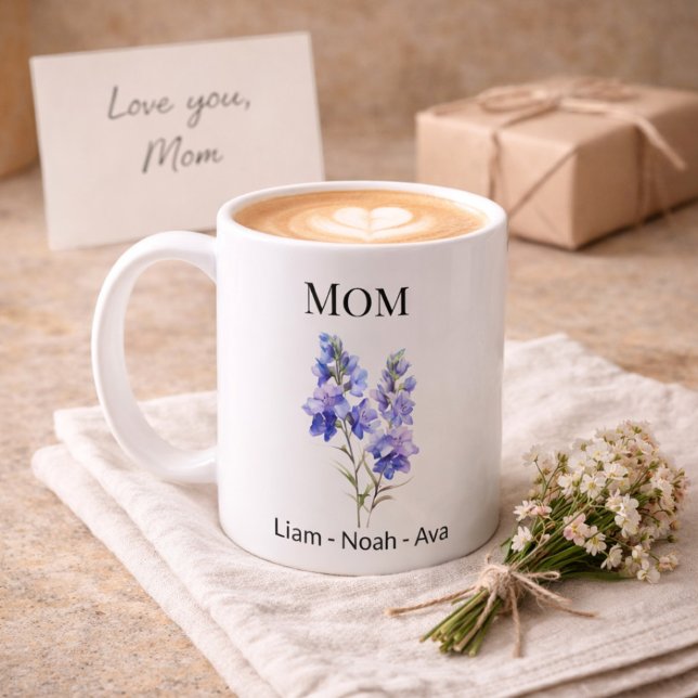 Mama Juli Geburtsblume mit Kindernamen Kaffeetasse (Von Creator hochgeladen)