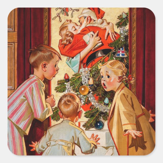 Mama Kisses Santa Claus Quadratischer Aufkleber (Vorderseite)