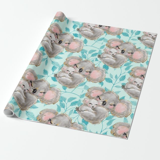 Mama Koala, Baby Greenery Wrapping Paper Geschenkpapier (Ungerollt)