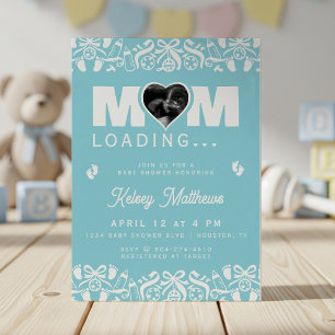 Mama lädt Ultraschall-Foto Blaue Babyparty hoch Einladung