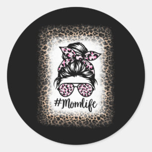 Mama Life gebleicht Messy Bun Women Leopard Mütter Runder Aufkleber