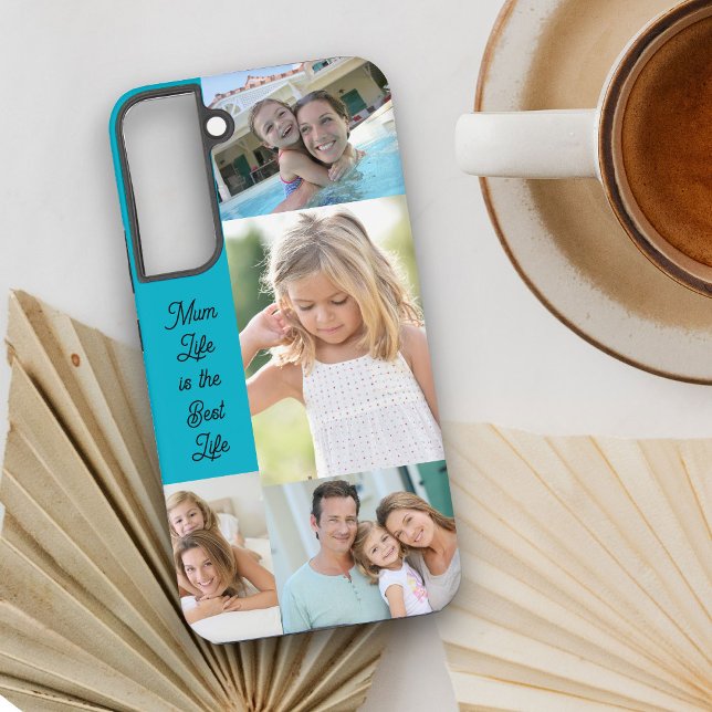 Mama Life ist das beste 4-Foto Türkis Samsung Galaxy Hülle (Mum Life is the Best Life 4 Photo Collage Samsung Galaxy S22 Plus phone case in Turquoise)